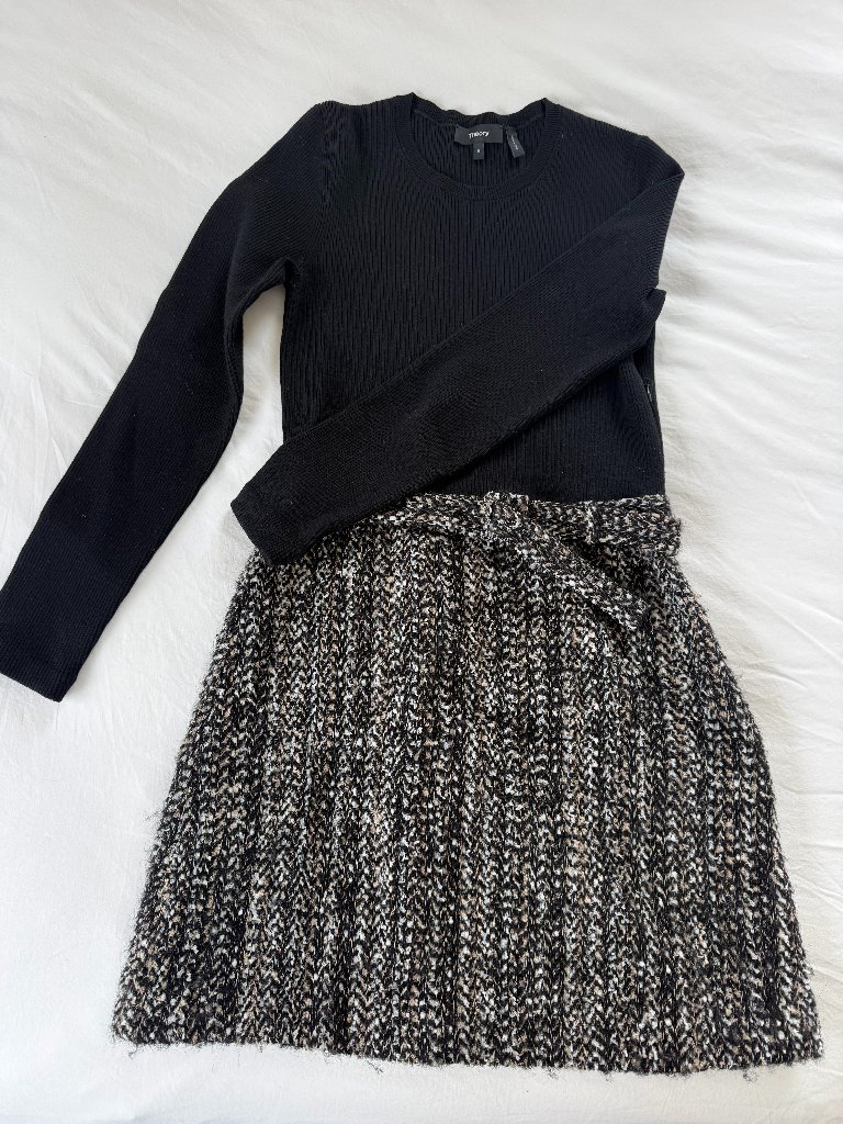 Theory Merino Wool Tweed Combo Dress Size Small Black Knit Boucl Work Dress